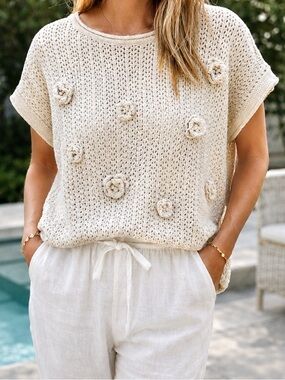 Open Knit Lightweight Sweater with Crochet Flower Details